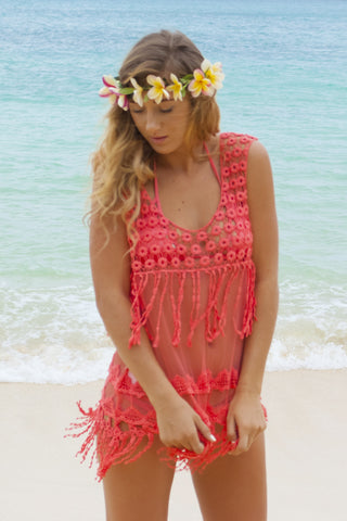 Lace Crochet Tank in Coral